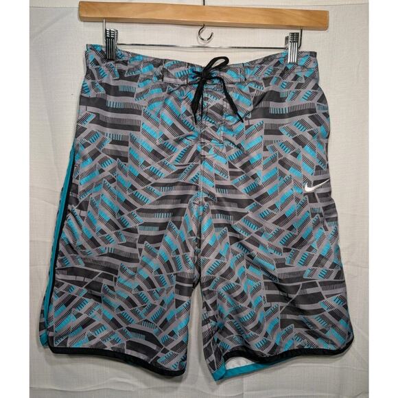 Nike Mens Swim Shorts Trunks L Blue Gray Geometric Print Logo Drawstring Pockets - Picture 1 of 8